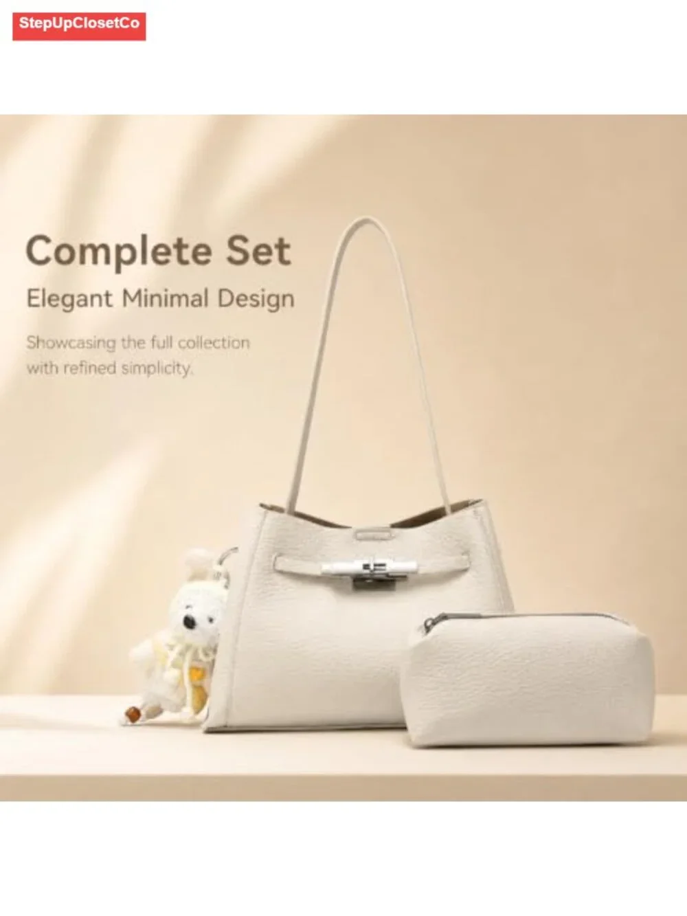 Pebbled PU Leather Tote with Pouch, Top Handle & Detachable Straps